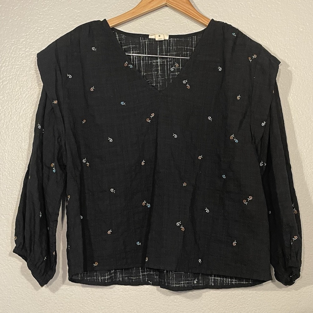 A.N.A A NEW APPROACH Women's Medium Black Floral 3/4 Sleeve Cotton Blend